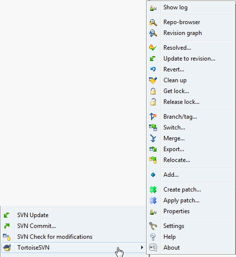 Context menu for a directory under version control