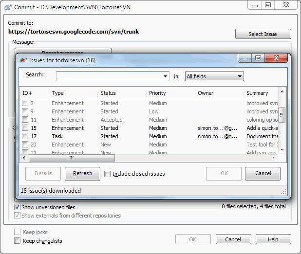 Example issue tracker query dialog