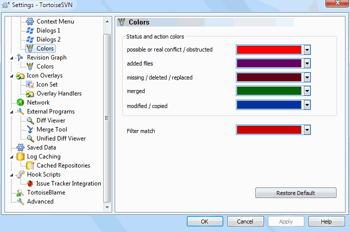 The Settings Dialog, Colours Page