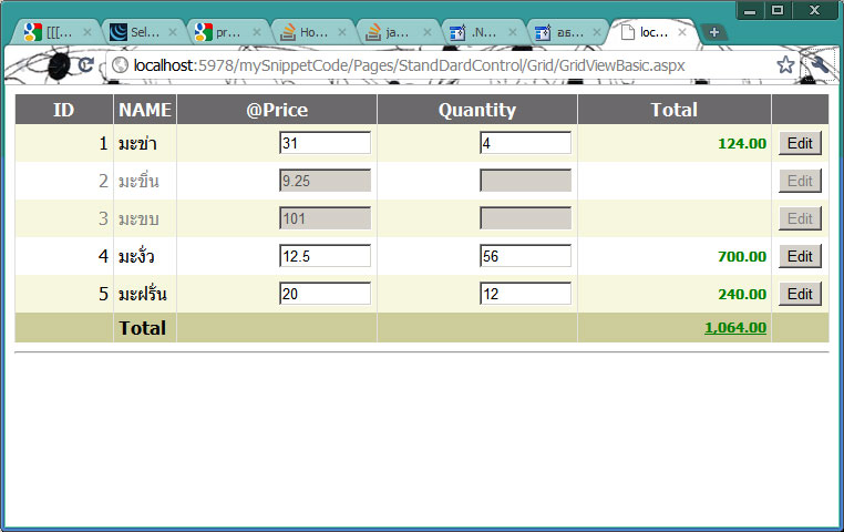 auto calculate row sub-total and grand total with 