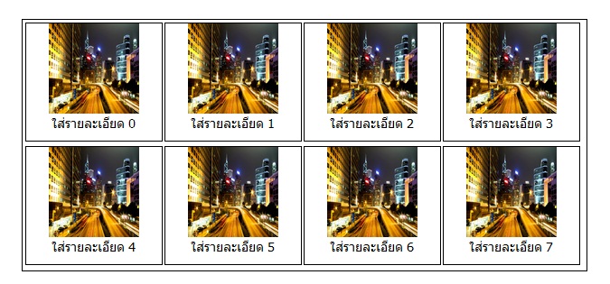 ตัวอย่างการจัดรูปเป็นแถวๆด้วย div
