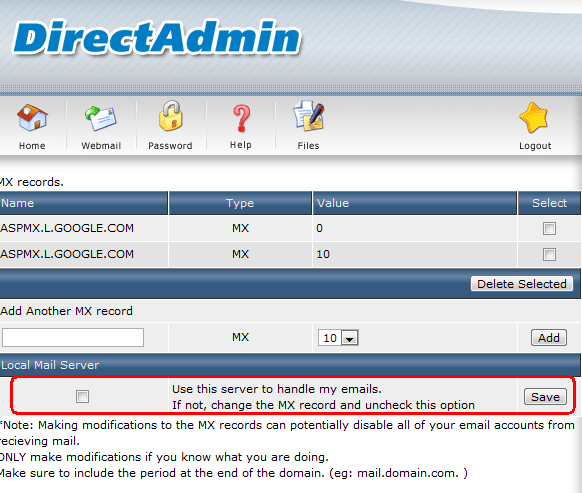 Direct Admin Local Mail Server