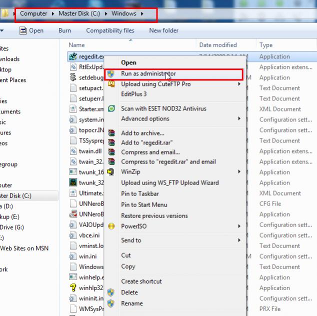 Right Click RegEdit Run As Administrator