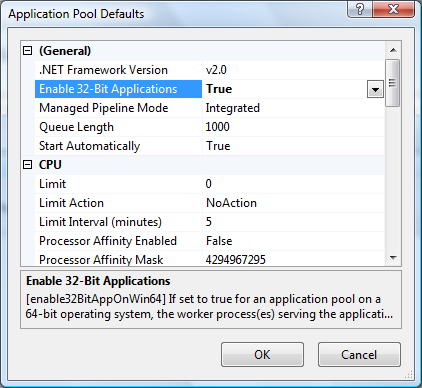 Enable 32-bit Applications IIS7