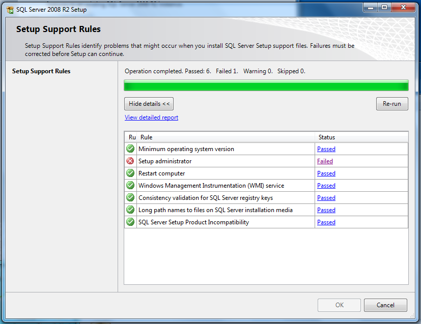ลง MS SQL 2008 R2 ไม่ได้(Windows 7) ติดตรง Setup administrator Failed