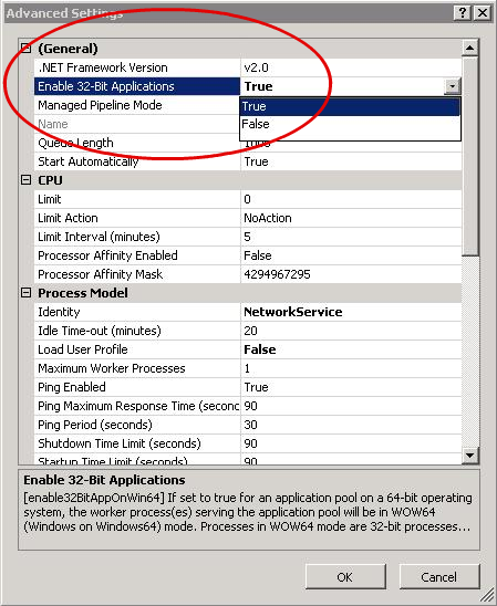 Enable a 32-bit Application Pool in IIS 