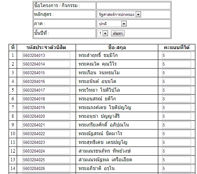 หน้าเว็บที่ใช้ในการกรอกคะแนน