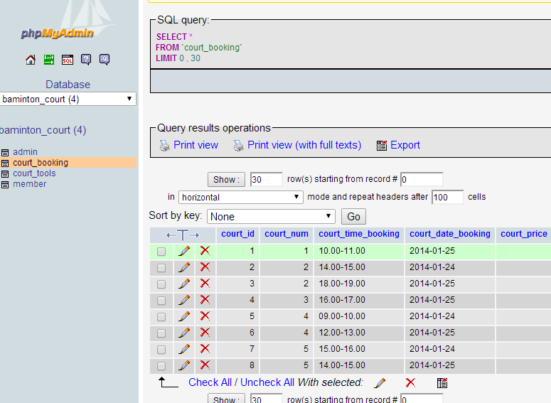 ตาราง : court_booking