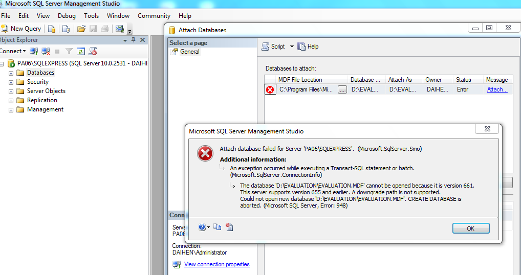 Attach database file.mdf in sql server 2008 error แก้อย่างไรค่ะ