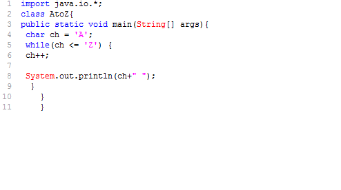 Java - พี่คะอยากทราบว่าทำเขียนโปรแกรมแสดงอักษร A-Z ด้วยการใช้ While Loop  โดยไม่มีการรับค่าจากคีย์บอร์ด แต่พอรันแล้วมันไม่ขึ้นตัวแรกให้คะ