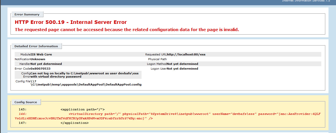 http Error 500.19 - internal server Error