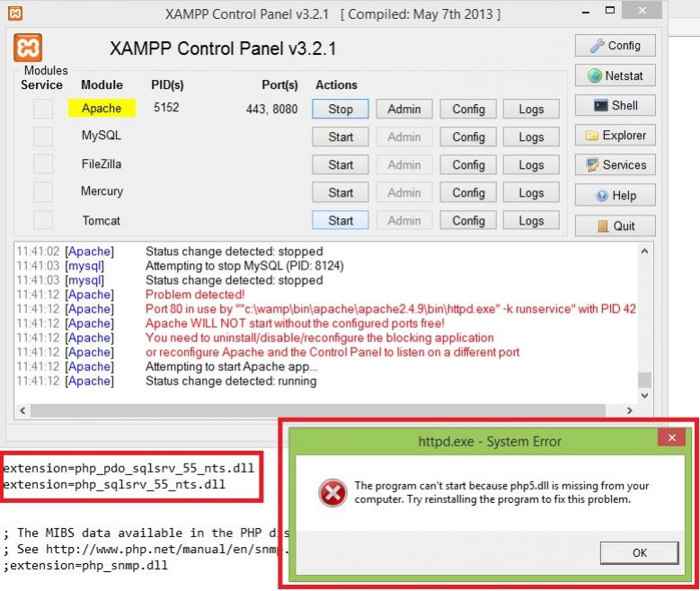 ลง Xampp Php V 5.5 ใช้ในการติดต่อฐานข้อมูล Sqlserver แล้วลง Driver  เพิ่มแต่รัน Apache ขึ้น Error จะแก้อย่างไรครับ