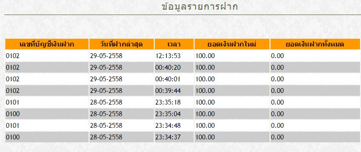 หน้ารายการฝาก หน้ารายการฝาก