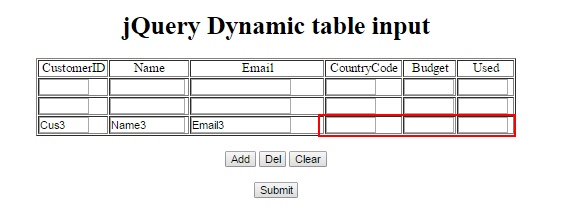 jQuery Dynamic table multi input 