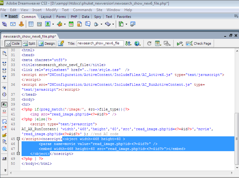 Dreamweaver ได้เพิ่มเติม script ลงใน Code