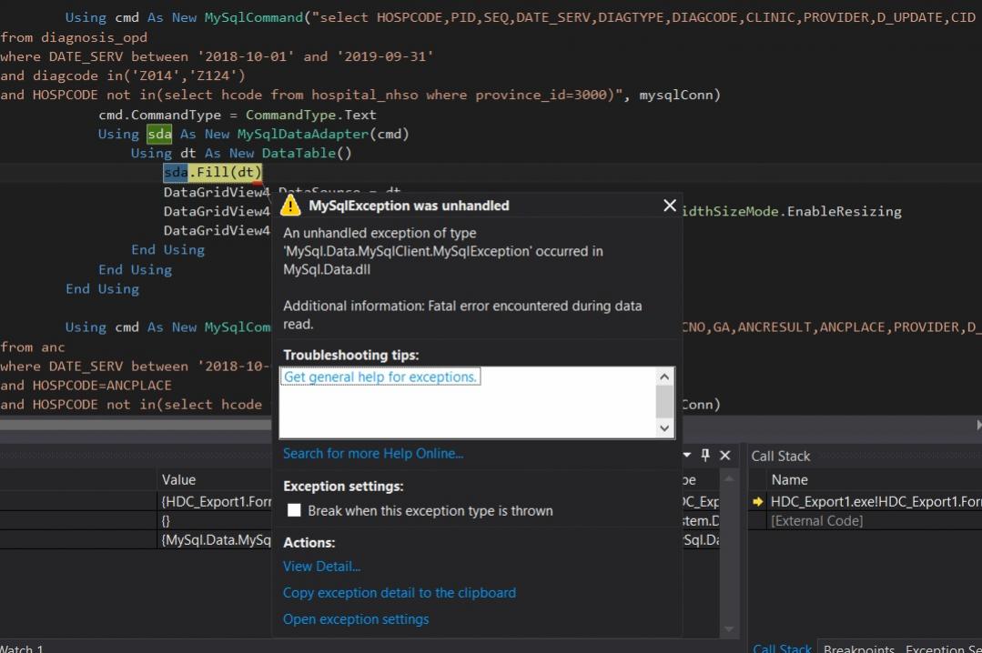 Error จากการเรียกข้อมูลจากฐานข้อมูลมาลงใน Datagridview (Fatal error ...