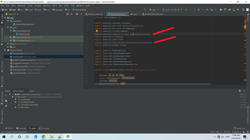 Android Studio เรียกใช้ดมดูล import android.support.v7.app ...