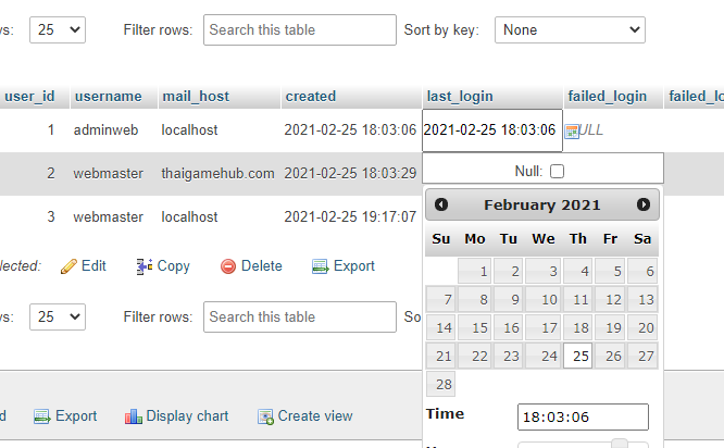 ตัวอย่าง การแก้ไขวันที่ใน phpmyadmin