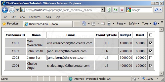 JavaScript Mark all the Checkbox and Background Color the Table After Checked Checkbox JavaScript Mark all the Checkbox and Background Color the Table After Checked Checkbox