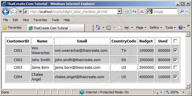 JavaScript Mark all the Checkbox and Background Color the Table After Checked Checkbox