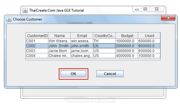 Java GUI Choose Data  from JDialog to Main Frame