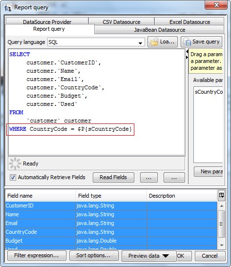 iReport Create Parameters and Pass Variable