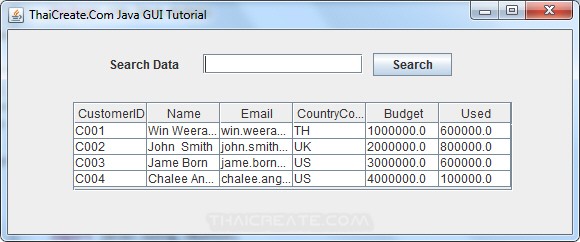 Java GUI Search Data from Database