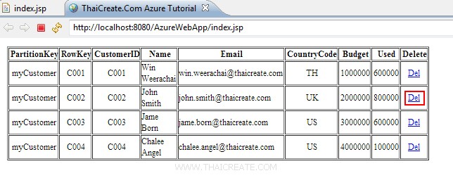 How to use Java (JSP) Delete Entity in Table Storage 