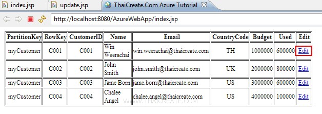 How to use Java (JSP) Update Entity in Table Storage