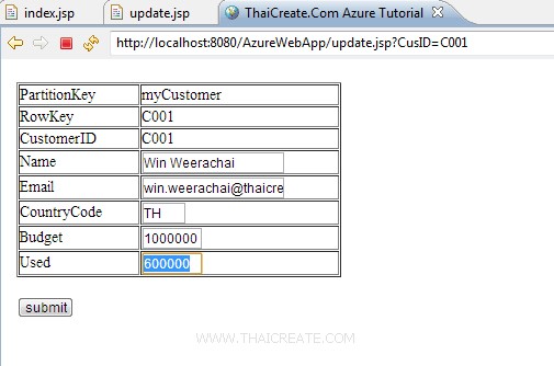 How to use Java (JSP) Update Entity in Table Storage