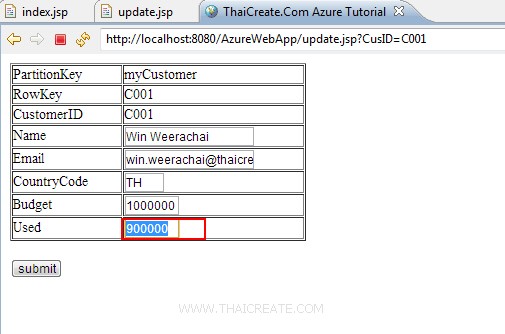 How to use Java (JSP) Update Entity in Table Storage