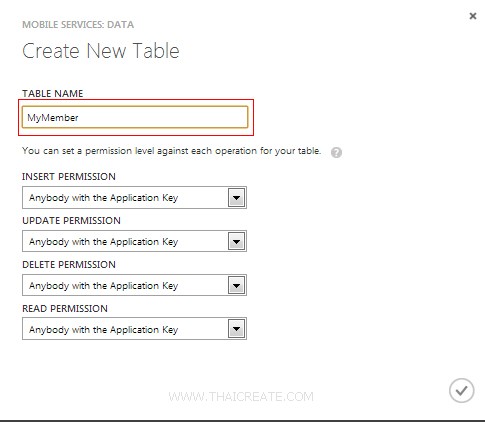 iOS/iPhone Mobile Services Create Table