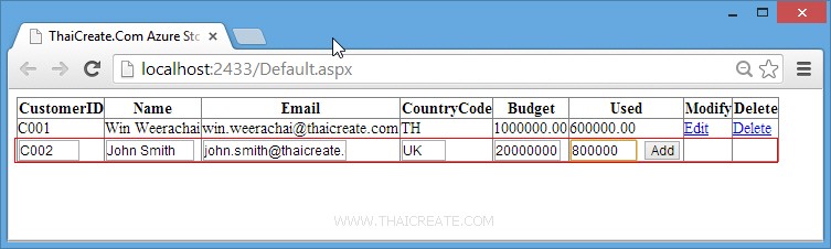 How to use .NET (ASP.Net) Add Entity to a Table Storage