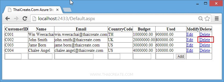 How to use .NET (ASP.Net) Delete Entity in Table Storage 