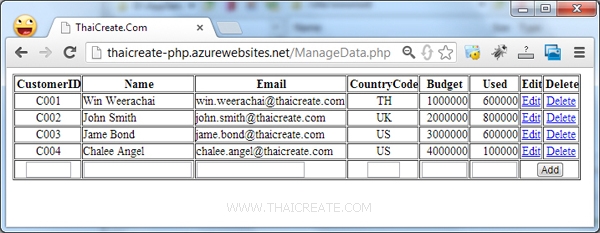 PHP กับ MySQL บน Azure Web Site Add Insert Update Delete PHP กับ MySQL บน Azure Web Site Add Insert Update Delete