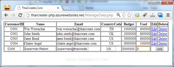 PHP กับ MySQL บน Azure Web Site Add Insert Update Delete