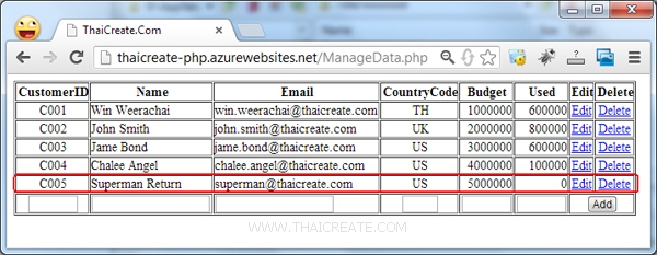 PHP กับ MySQL บน Azure Web Site Add Insert Update Delete