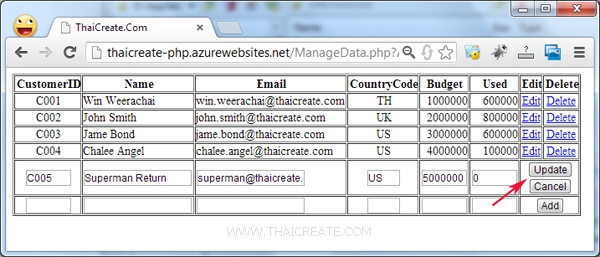 PHP กับ MySQL บน Azure Web Site Add Insert Update Delete PHP กับ MySQL บน Azure Web Site Add Insert Update Delete