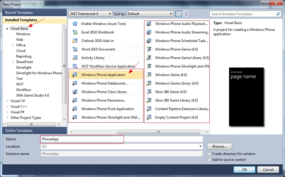 Windows Phone Create New Project